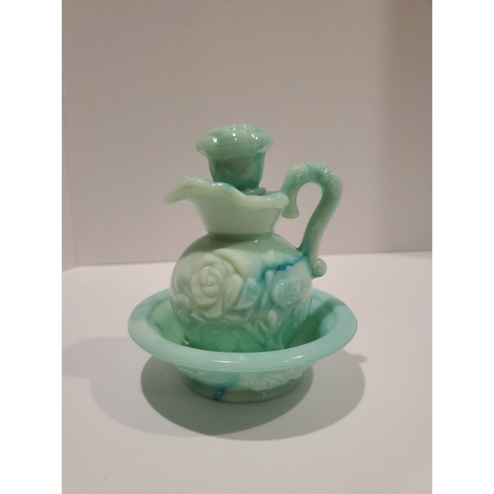 Vintage AVON Turquoise Green Milk Glass Cruet W/Embossed Rose Pattern & Stopper